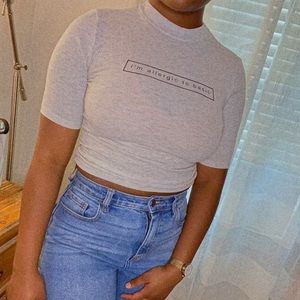 Short Sleeved Mock Turtleneck Slogan Shirt